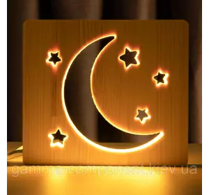 Світильник нічник ArtEco Light з дерева LED "Місяць і зорі" з пультом і регулюванням світла, колір теплий