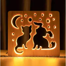 Світильник нічник з дерева LED "Кіт і собака" з пультом і регулюванням світла, колір теплий білий