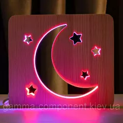 Світильник нічник ArtEco Light з дерева LED "Місяць і зорі" з пультом і регулюванням кольору, подвійний RGB