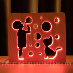Світильник нічник з дерева LED "Хлопчик і бульбашки" з пультом і регулюванням кольори, RGB
