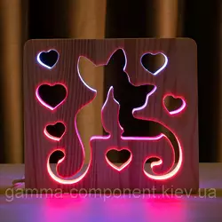 Світильник нічник з дерева LED "Коти і любов" з пультом і регулюванням кольору, подвійний RGB