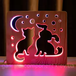 Світильник нічник з дерева LED "Кіт і собака" з пультом і регулюванням кольору, подвійний RGB