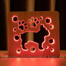 Світильник нічник з дерева LED "Собака бульдожка" з пультом і регулюванням кольори, RGB