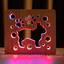 Світильник нічник з дерева LED "Собака бульдожка" з пультом і регулюванням кольору, подвійний RGB
