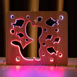 Світильник нічник з дерева LED "Кіт і рибки" з пультом і регулюванням кольору, подвійний RGB