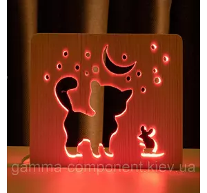 Світильник нічник з дерева LED "Кіт і мишка під місяцем" з пультом і регулюванням кольори, RGB