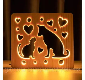 Світильник нічник з дерева LED "Кіт і пес" з пультом і регулюванням світла, колір теплий білий
