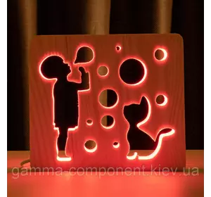 Світильник нічник з дерева LED "Хлопчик і бульбашки" з пультом і регулюванням кольори, RGB