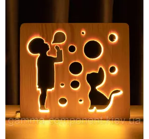 Світильник нічник з дерева LED "Хлопчик і бульбашки" з пультом і регулюванням світла, колір теплий білий