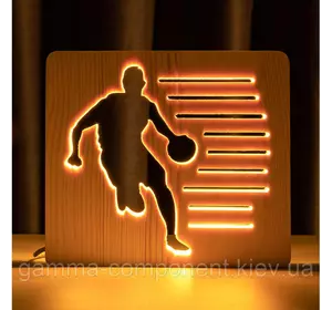 Світильник нічник ArtEco Light з дерева LED "Баскетболіст з м'ячем" з пультом та регулюванням світла, колір теплий білий
