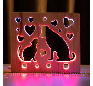 Світильник нічник з дерева LED "Кіт і пес" з пультом і регулюванням кольору, подвійний RGB