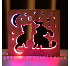 Світильник нічник з дерева LED "Кіт і собака" з пультом і регулюванням кольору, подвійний RGB