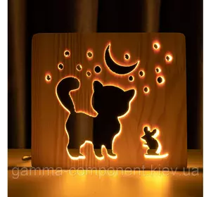 Світильник нічник з дерева LED "Кіт і мишка під місяцем" з пультом і регулюванням світла, колір теплий білий