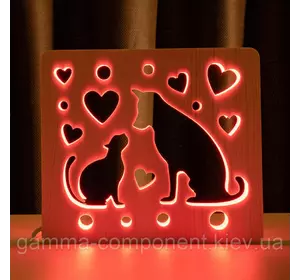 Світильник нічник з дерева LED "Кіт і пес" з пультом і регулюванням кольори, RGB