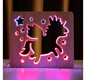 Світильник нічник з дерева LED "Чарівний єдиноріг" з пультом і регулюванням кольору, подвійний RGB