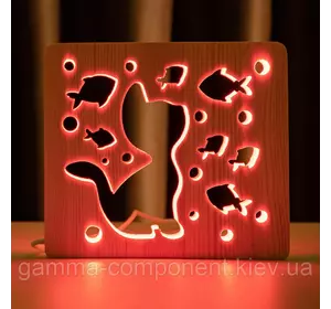 Світильник нічник з дерева LED "Кіт і рибки" з пультом і регулюванням кольори, RGB