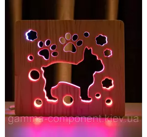 Світильник нічник з дерева LED "Собака бульдожка" з пультом і регулюванням кольору, подвійний RGB