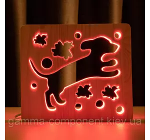 Світильник нічник з дерева LED "Собака і пташки" з пультом і регулюванням кольори, RGB