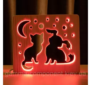 Світильник нічник з дерева LED "Кіт і собака" з пультом і регулюванням кольори, RGB